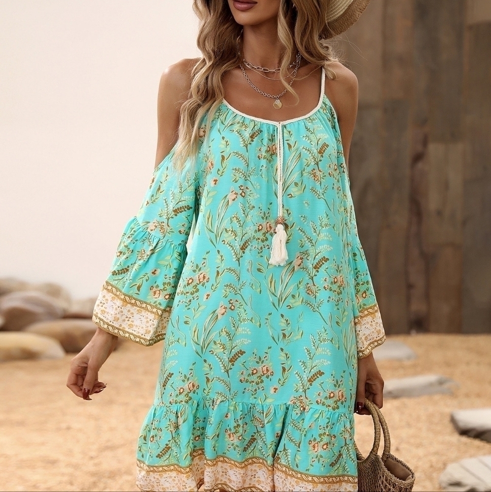 Floral Print Cold Shoulder Tassel Trim Ruffle Hem Dress - Picture 4 of 6